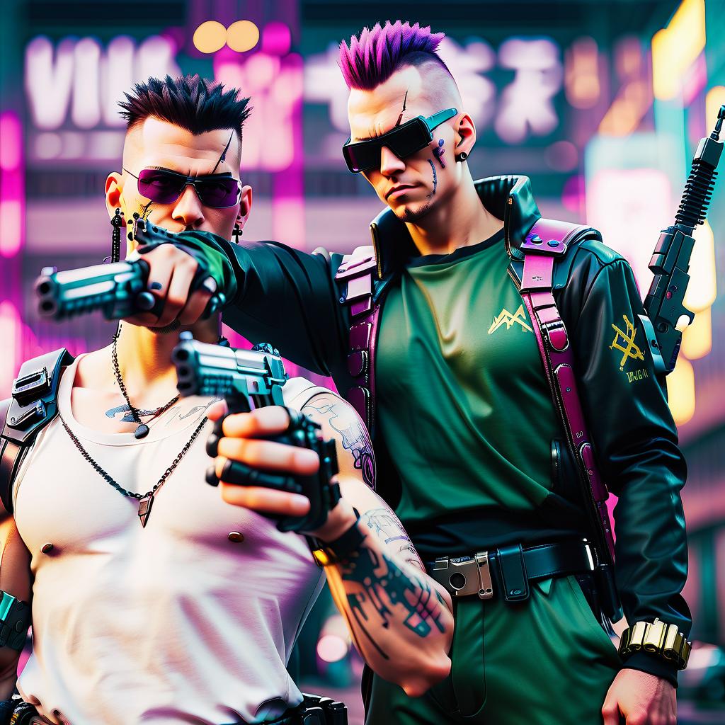  cinematic photo in the cyberpunk style, two guys pose with weapons, dressed in cyberpunk clothes, "vi" and "johnny silver hand", both from the game "cyberpunk 2077", military style, military equipment on clothes, against the background of the arasaka tower . 35mm photograph, film, bokeh, professional, 4k, highly detailed