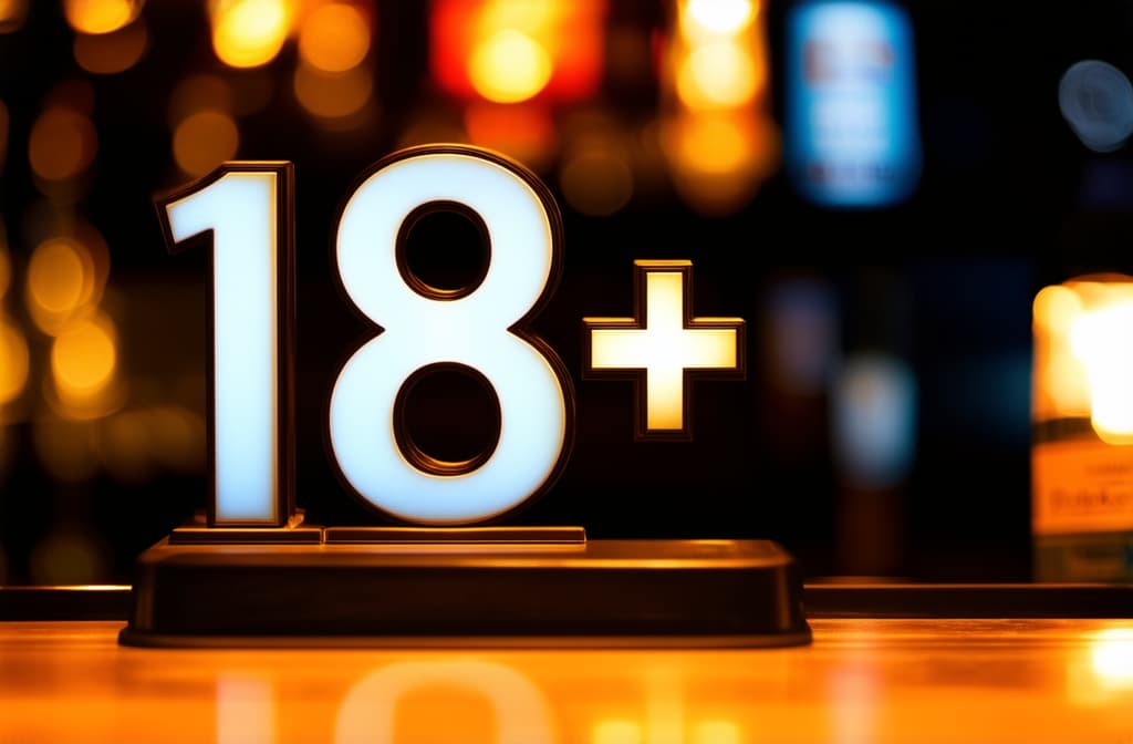  closeup on 3d letters "18+" at bar counter, whiskey bottle blurred in background ar 3:2 {prompt}, maximum details