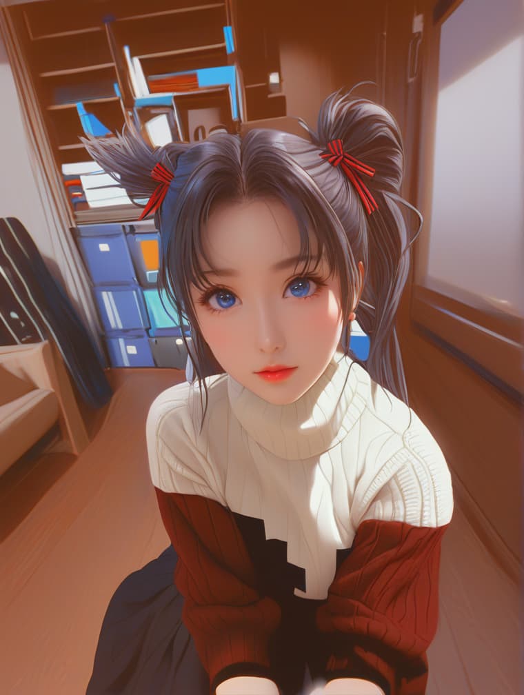  3d, 1 girl, beautiful face,detailed face, high detailed tohsaka rin, solo, long hair, sweater, red sweater, looking at viewer, blue background, black hair, simple background, two side up, turtleneck, blue eyes, lips, closed mouth, ribbon, hair ribbon, bangs, turtleneck sweater, upper body, parted bangs, black ribbon, ribbed sweater, o twintails, nose, anime artwork, anime style, key visual, vibrant, studio anime, highly detailed