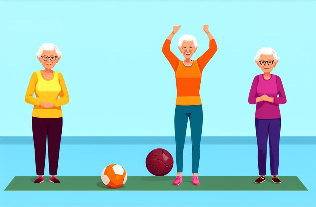  elderly people cartoon characters doing sports, practicing yoga, enjoying aerobics and gymnastics. flat illustration ar 3:2 {prompt}, maximum details