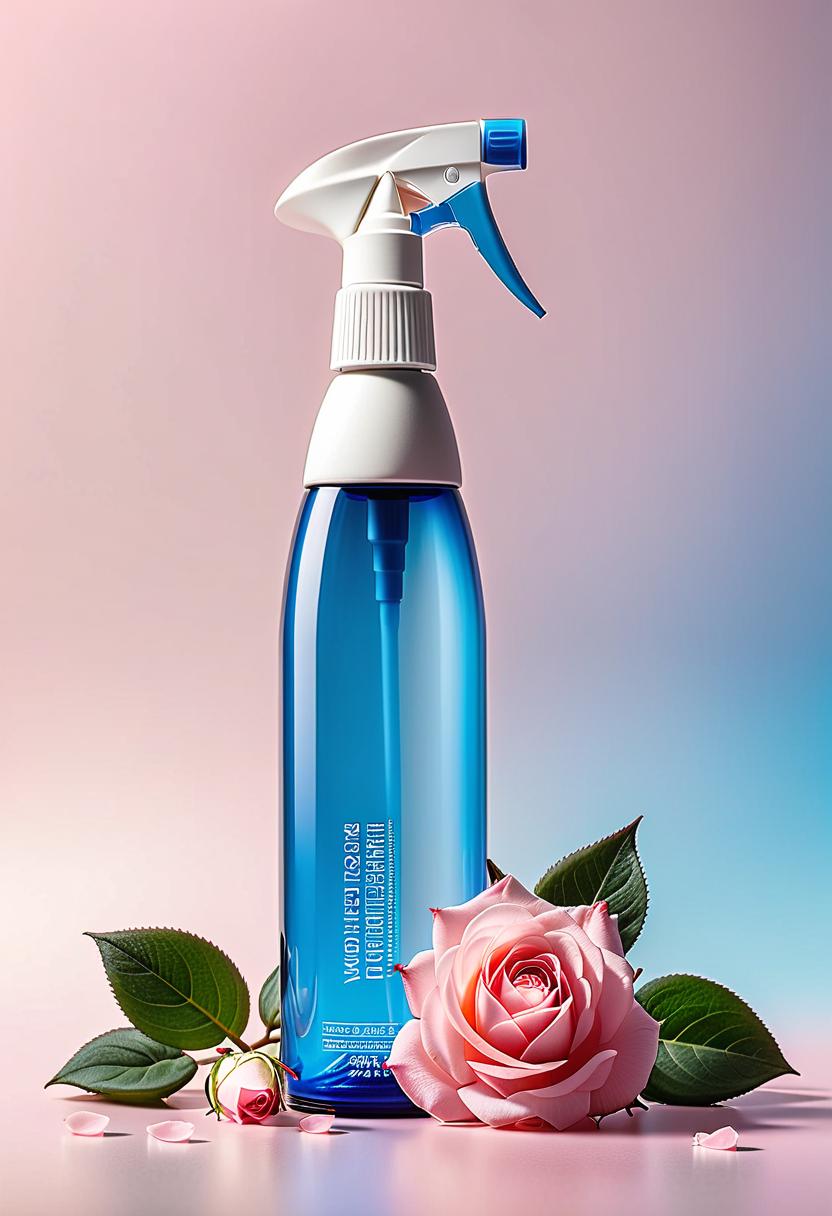  ((spray bottle without logo 1.2) without label 1.2) without labels 1.2) stands on the bud of a pale pink rose with white veins. on the right and left of the bottle there are buds of pale pink rose with white veins. rose petals are falling all around. the back has a pale pink and blue gradient background hyperrealistic, full body, detailed clothing, highly detailed, cinematic lighting, stunningly beautiful, intricate, sharp focus, f/1. 8, 85mm, (centered image composition), (professionally color graded), ((bright soft diffused light)), volumetric fog, trending on instagram, trending on tumblr, HDR 4K, 8K