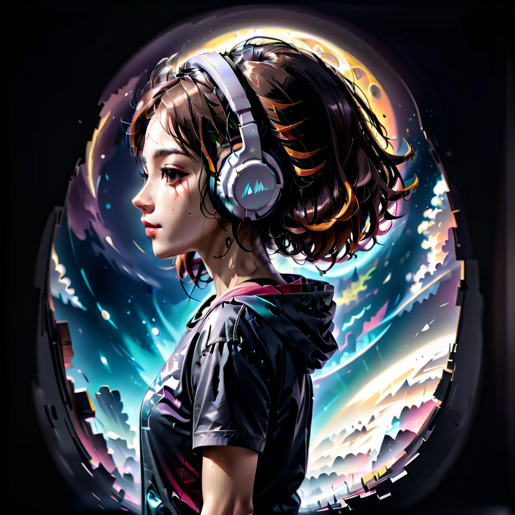  stacked papercut art of music gives a feeling of lightness and helps to plunge into the world of dreams. the girl stands with her back in space. headphones. dark colors. 2d. dark. girl with her back . 3d, layered, dimensional, depth, precision cut, stacked layers, papercut, high contrast, civitai, t shirt design