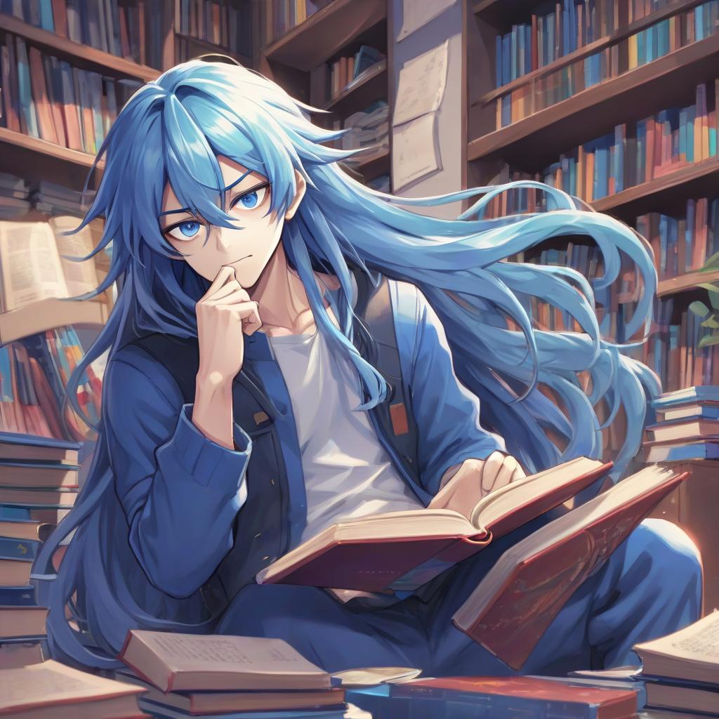  anime artwork a guy with long blue hair who likes to read books . anime style, key visual, vibrant, studio anime, highly detailed