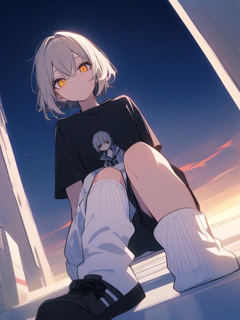  (loose socks: 1.3), silverbeige hair, yellow eyes, black t shirt, shorts, (low angle: 1.2), cryscape, best quality, t: 1.2),