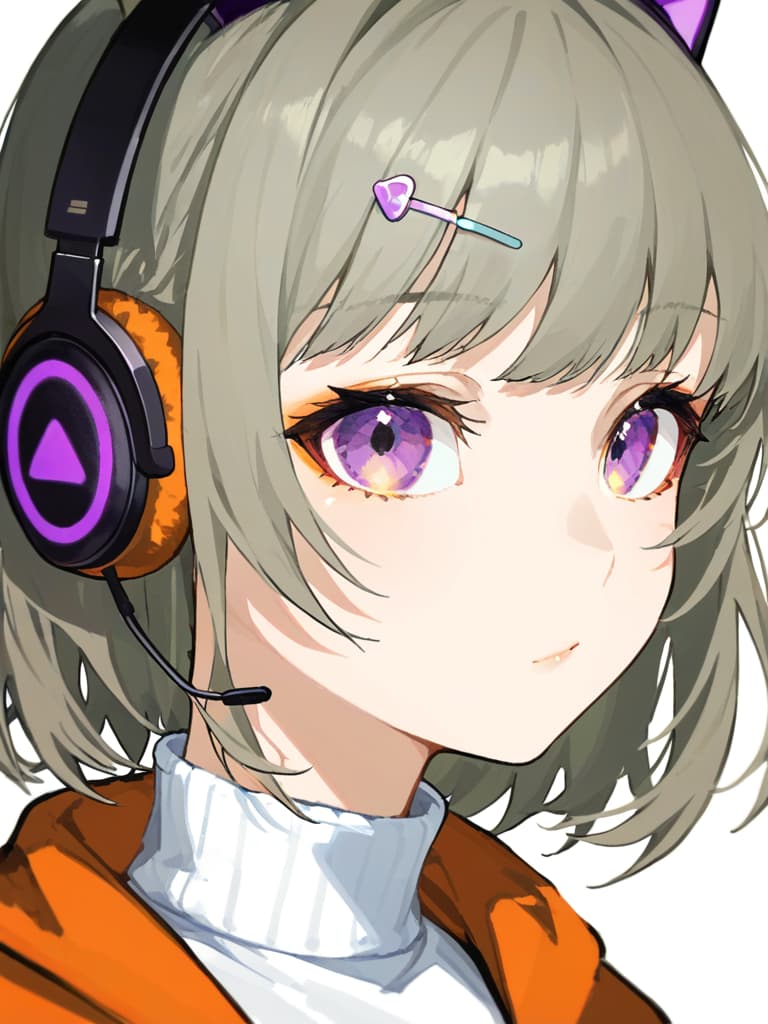  (black cat ear headphones: 1.2), (1.2), (purple eyes: 1.3), (close up: 1.2), flom front, medium hair, (silverbeige hair: 1.2) , (orange jacket) , (white turtleneck: 1.1), (triangle hair pin: 1.3),