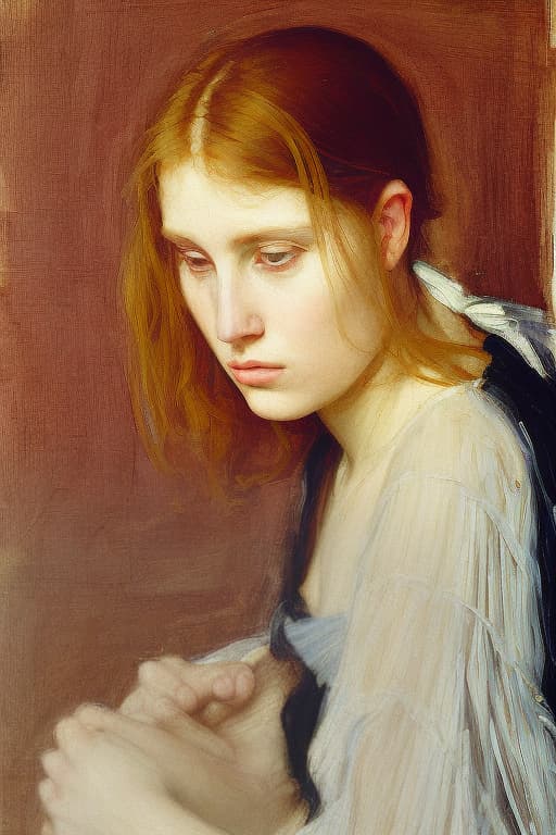 analog style Emotional, dramatic oil painting of a lovely Pre-Raphaelite Beata Beatrix distraught girl accused of witchcraft. It is from the side and she is looking upwards. The composition looks like Dante Gabriel Rossettti’s Beata Beatrix who looks like girl with a pearl earring. Beautiful, ornate, emotionally engaging oil painting with soft, lost edges painted by John William Waterhouse. Complex , ornate composition using the golden ratio.