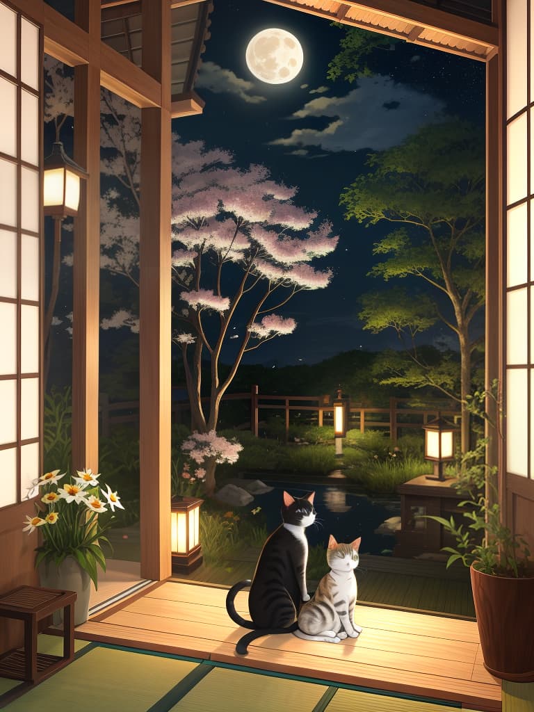  1cat ,japanese cat,nature,animal focus,looking outside from the japanese style room,cosmos field ,cat sitting on the porch ,cosmos field,full moon night,