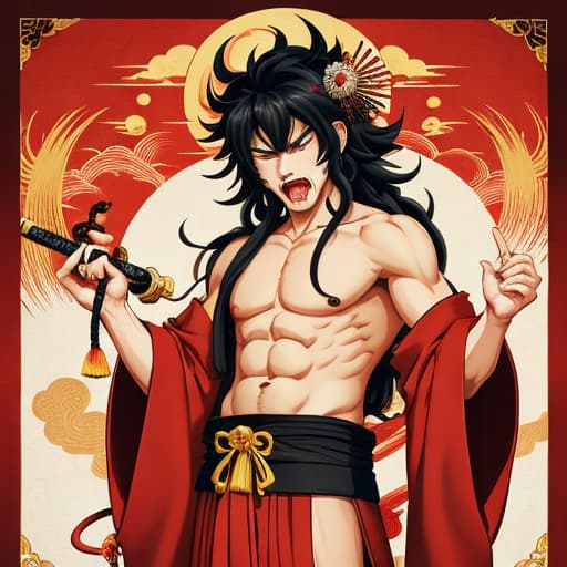  Fudo Myoo wears a vestment with his chest bare and the lower half of his body covered by a kimono, has a curly permed head and long hair with ornaments, a long, long sword in his right hand, a five-colored cord in his left hand, and fangs sticking out of his mouth with an angry expression on his face. He is cool. Male Retro
