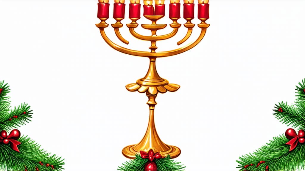  advertising style, stock photo, corporate branding style cute symmetrical hanukkiah in christmas on a white background, with pale tones, drawn in watercolor style ar 16:9 . professional, clean, modern, product focused, commercial, eye catching, minimalist, business oriented, highly detailed