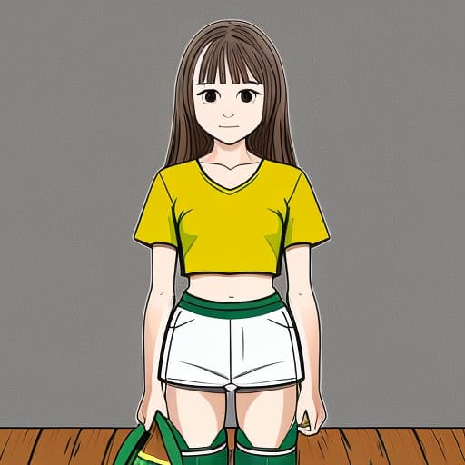  "appearance: white, wearing a green and yellow striped shirt with a russian flag on the left of the shirt, brown shorts and boots, black stockings, and long, brown, ponytailed hair, size: probably enough to hold the shirt up, but not too high, girl, 13, features on the middle side of the spectrum, not too mature." based on the above information, draw a girl who is trying to hold her in during cl. requirements: legs clenched, left hand over her . it's best to reflect her anxiety, midday, before the storm. realistic drawing style