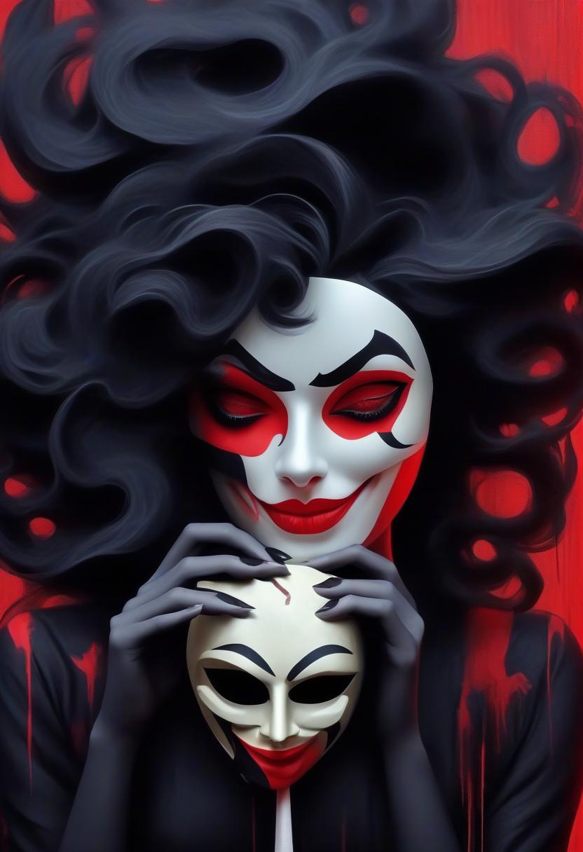  symbolism. girl. beautiful. black hair, red lips. he holds a mask in his hand. smile. it looks like a witch. the style of the image is symbolism. the background is mysterious abstract.