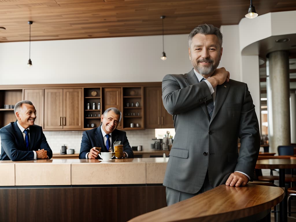  cafe counter, elbow on the desk, men in their 50s, shy smiles, front, suits, masterpiece, best quality,8k,ultra detailed,high resolution,an extremely delicate and beautiful,hyper detail