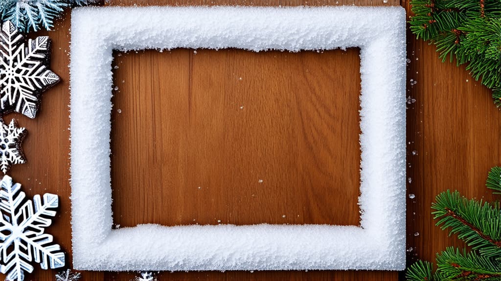  professional detailed photography, frame made of snow with snowflakes and ice crystals on brown wooden texture, top view with space for text ar 16:9, (muted colors, dim colors, soothing tones), (vsco:0.3)