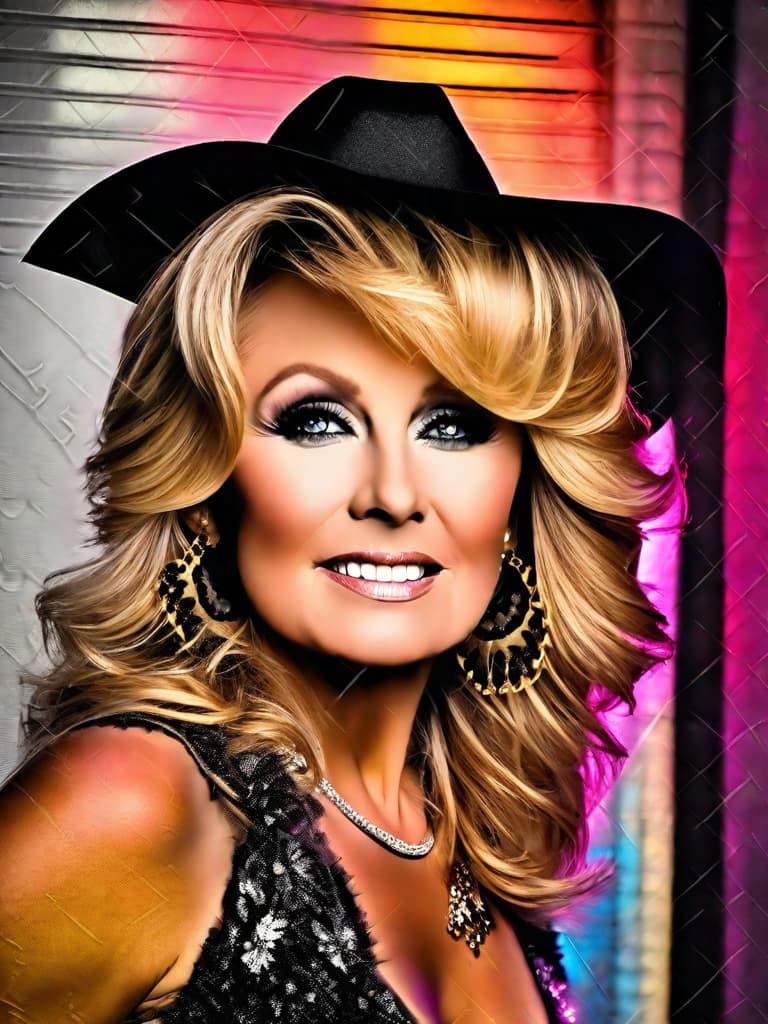  Country singer Barbara Mandrell, medium shot, upper body, spotlight, long exposure lighting, street art style spray paint, glamour lighting