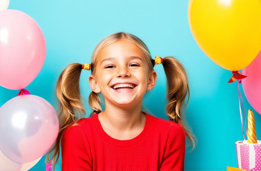  professional detailed photography, illustration of happy girl with two pigtails smiling and looking at balloons during birthday party ar 3:2, (muted colors, dim colors, soothing tones), (vsco:0.3)