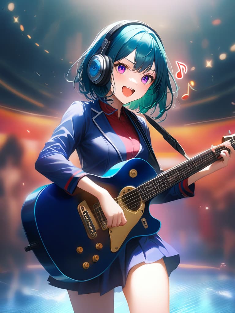  1girl,18yo,(((high school girl))),(((playing with an electric guitar:1.35))),green hair,short hair,purple eyes,headphone,very loud laugh,(((happy pose))),(((metallic focus))),music note effect,realistic