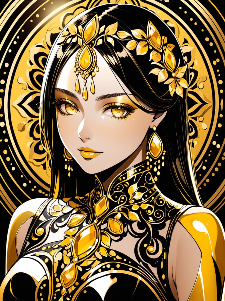  Golden yellow and sleek black color palette, captivating and inviting expression, exuding elegance and charm, magnetic beauty, intricate details, high contrast, luxurious feel, digital art, female, glossy finish, striking composition, dynamic lighting to enhance features.