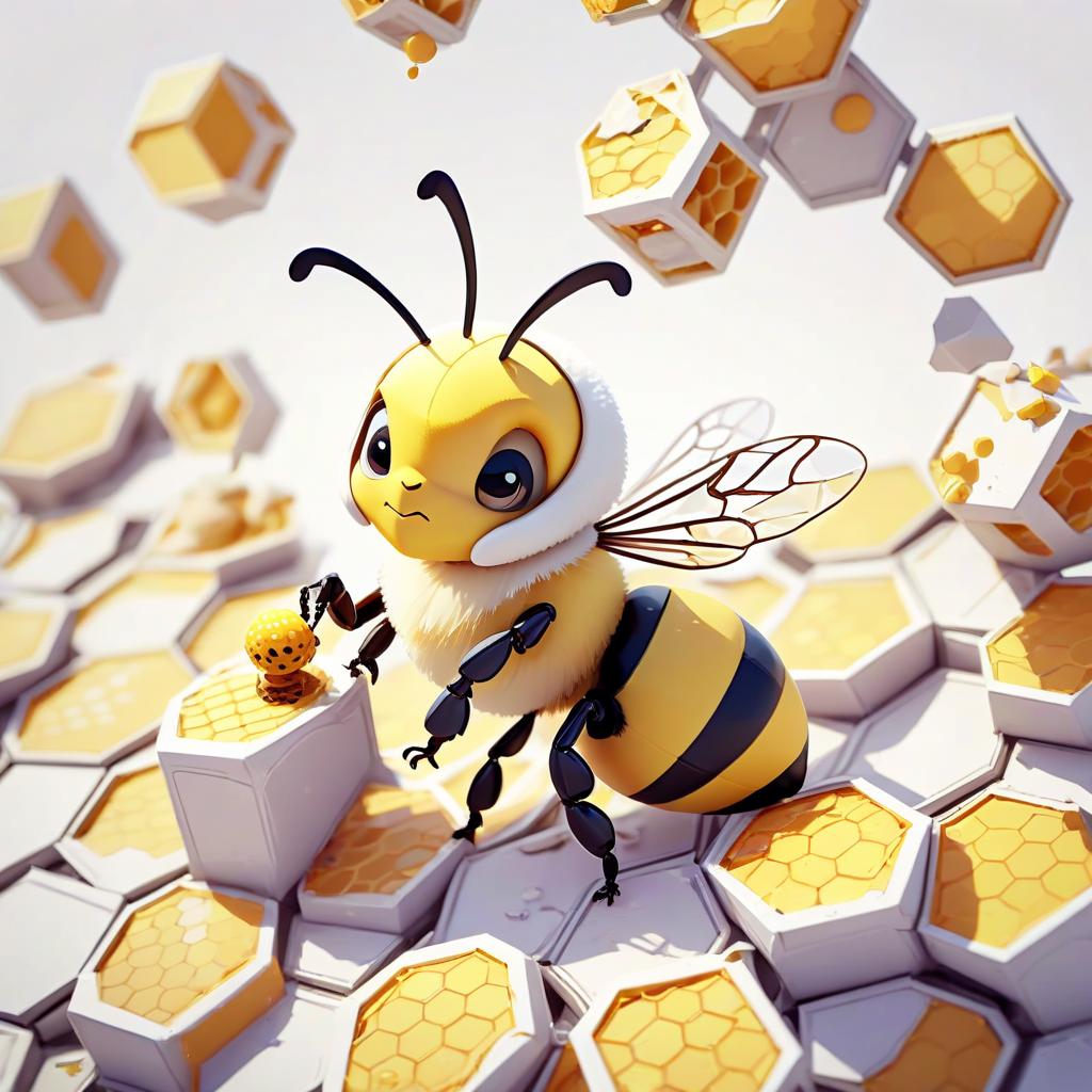  low poly style cute fluffy bee sitting on honeycomb, white background . low poly game art, polygon mesh, jagged, blocky, wireframe edges, centered composition, sticker