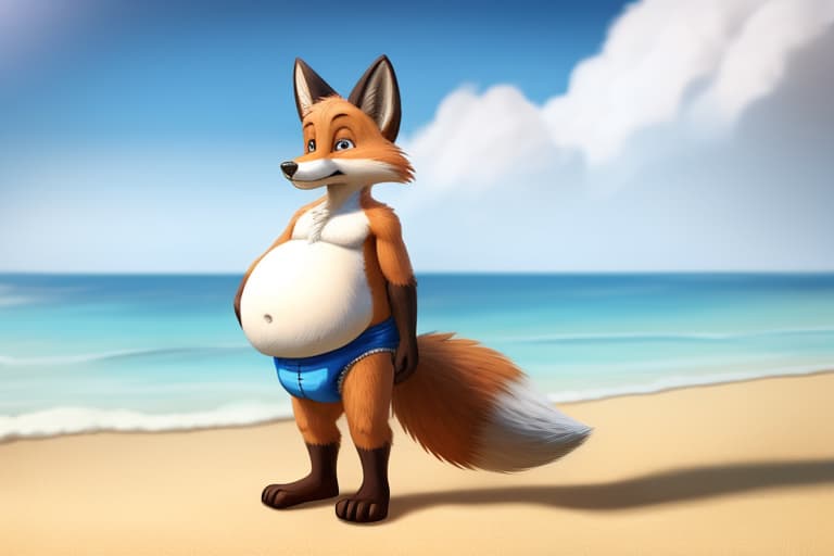  elderly male fox, large belly, wearing a drooping diaper, standing on the beach, art style of anhes, open eyes, masterpiece, 4k, fine details,