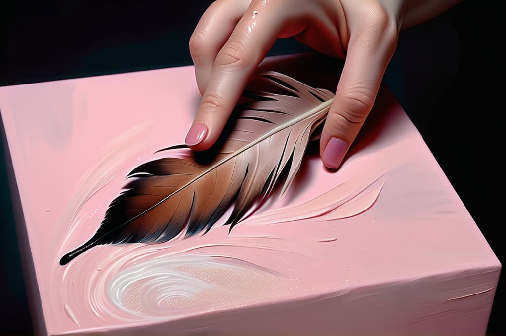  textured oil painting, extreme close up, a hand holds a soft brown speckled feather and drags it across the surface of a pastel pink cube, against a dark background, studio lighting