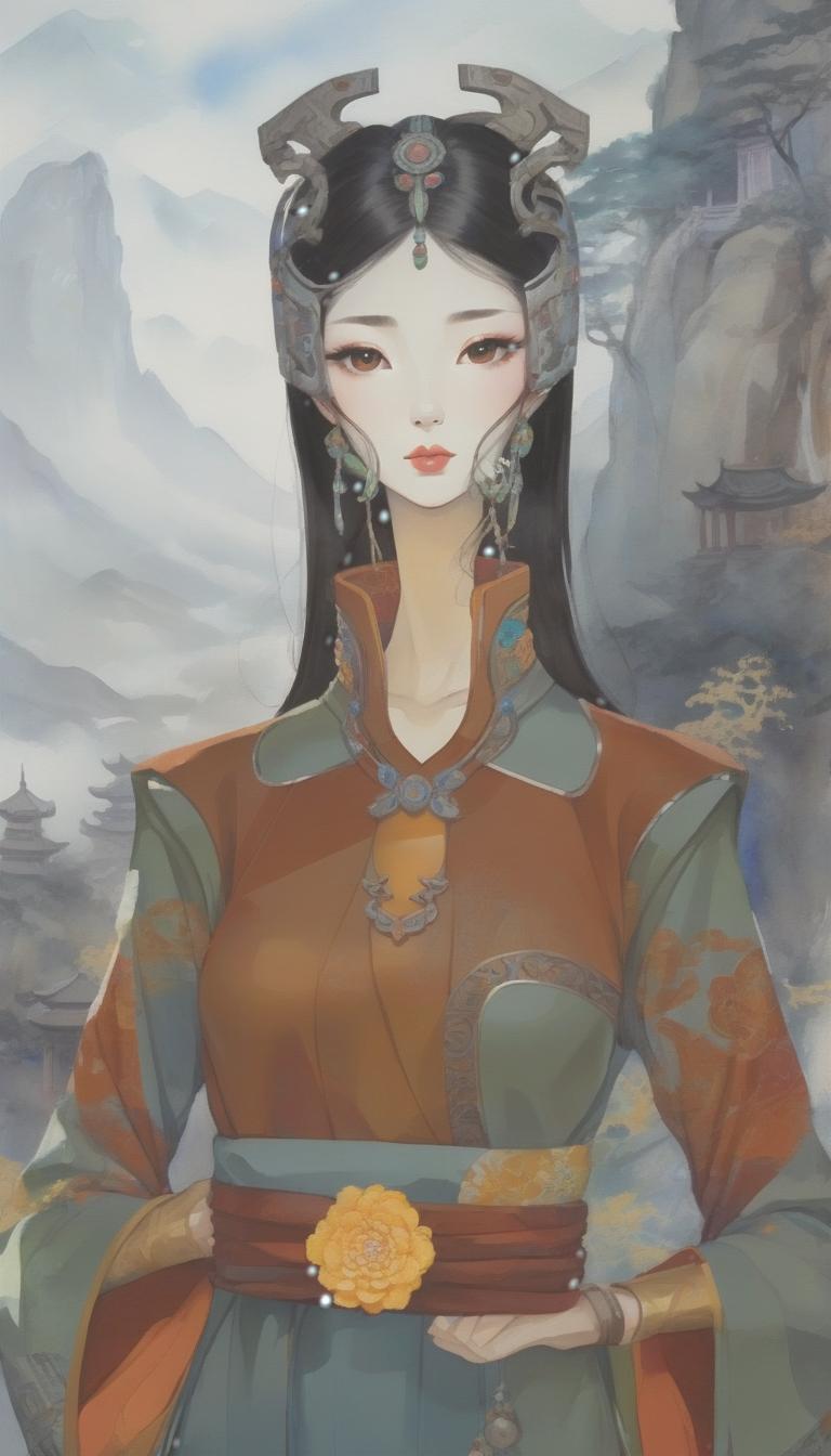  watercolor painting color portrait, (asian temple in the mountains), woman, european appearance, ((long neck)), chinese style of clothing, floral patterns on clothes, ((futuristic metal decorations on the head and neck )). . vibrant, beautiful, painterly, detailed, textural, artistic, oil painting