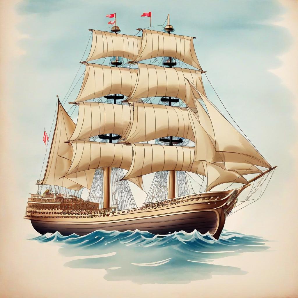  an ancient ship with masts and cannons, sails white seven tiered, on the bow of the ship a golden mermaid encased in a bottle, with various mechanisms and details, the best quality