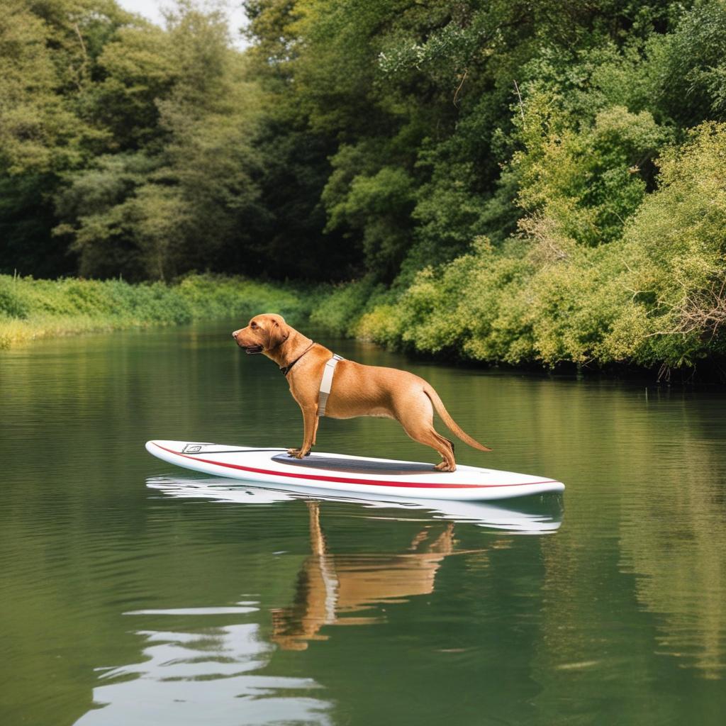  a brown labrador paddle boarding down a canal