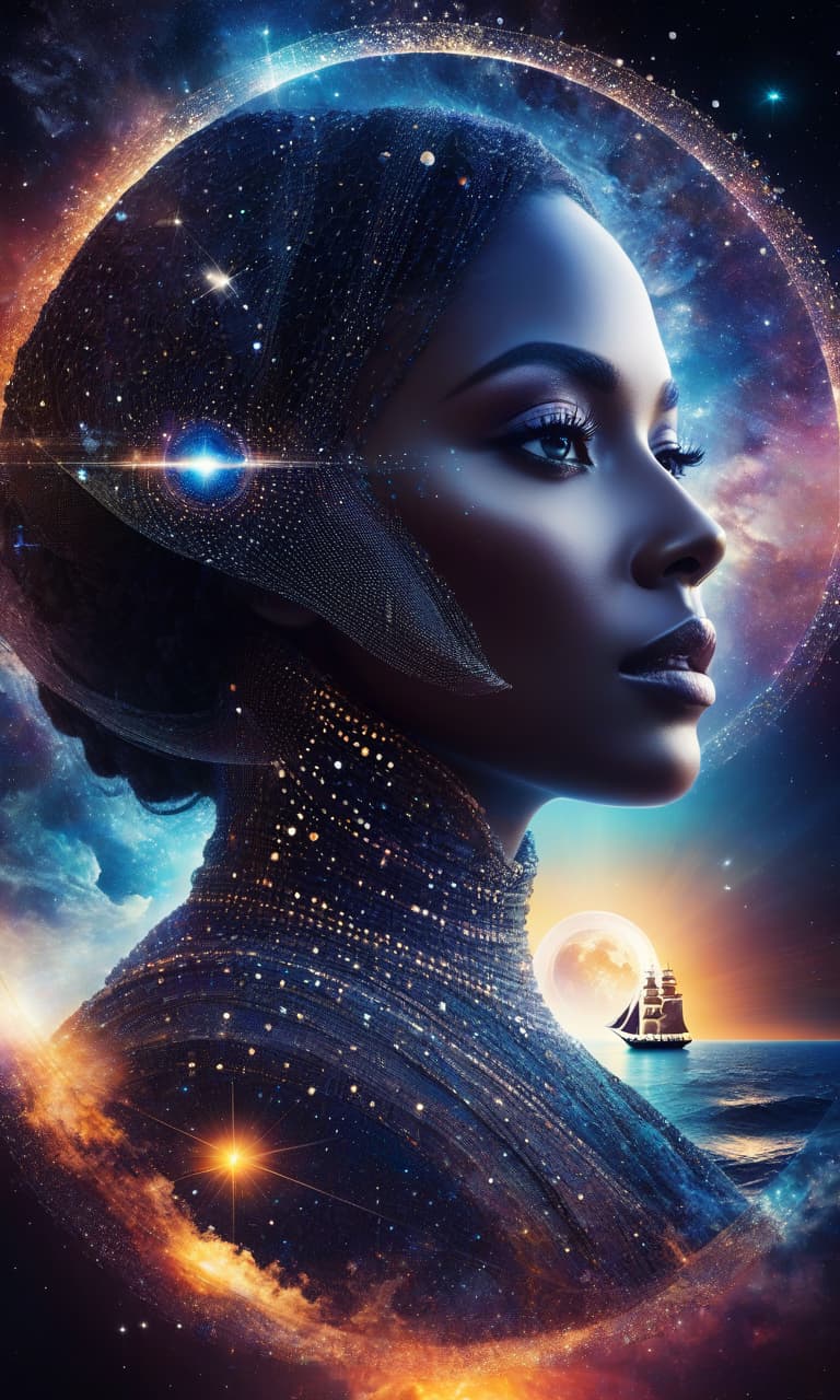  space themed professional photo, transparent silhouette of anthropomorphic female face, sunrise, sailing ship, multi layered image, series of networks, links, circles and dots with many bright flashes within each circle and dot, high detail, ultrahd . cosmic, celestial, stars, galaxies, nebulas, planets, science fiction, highly detailed