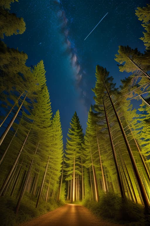  growing forest in night time, flyer flies, shooting star, advertising photo,high quality, good proportion, masterpiece , the image is captured with an 8k camera