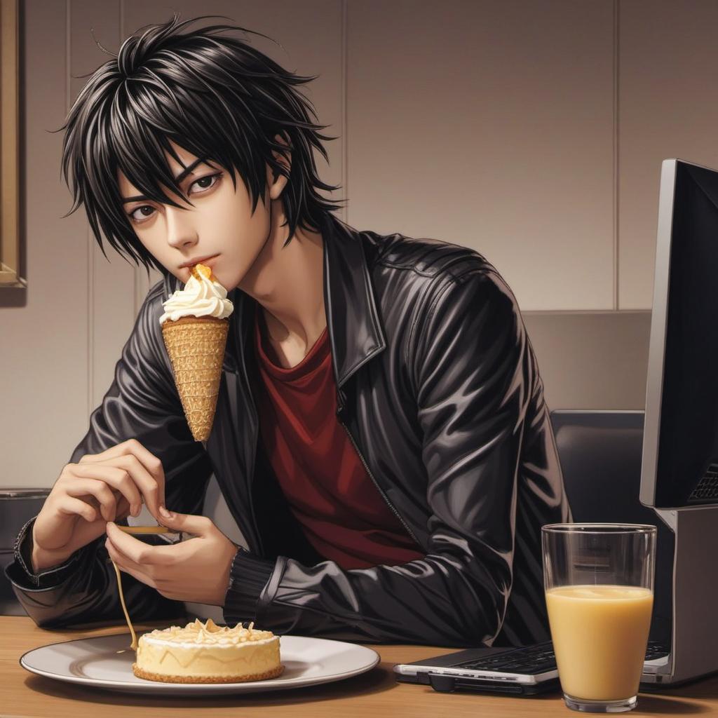  l lawliet from deathnote eating cheesecake while is watching his pc, anime style, manga style, manhwa style