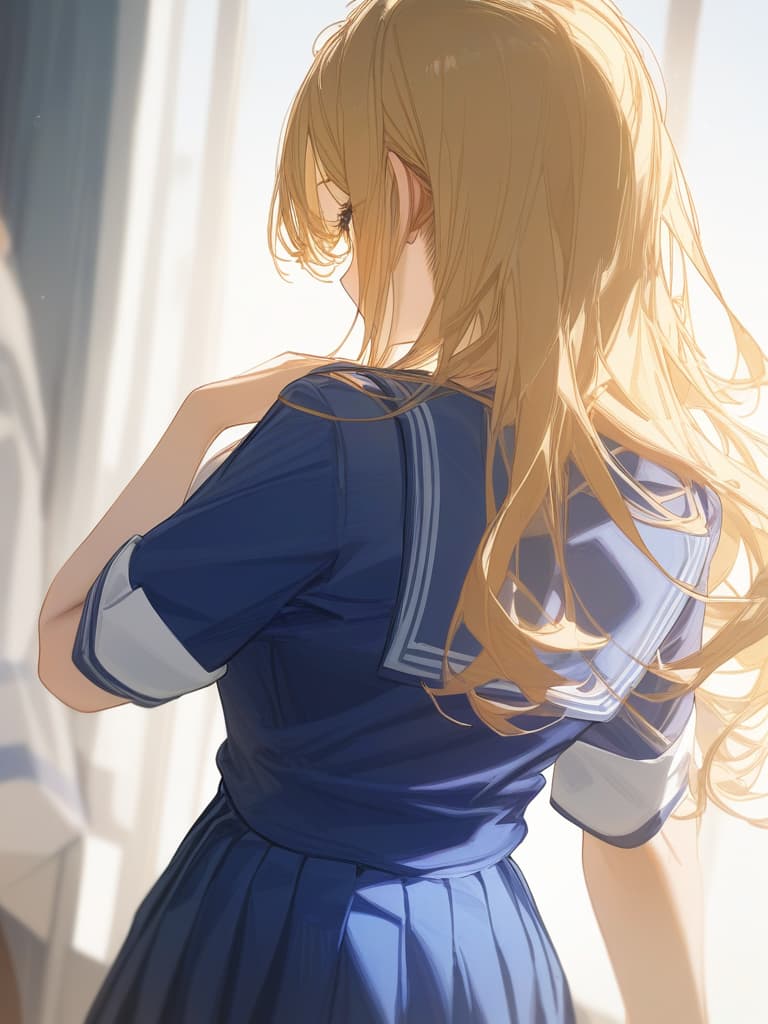  short bangs, back hair long straight, pats, high school girl, straight, sailor suit, blonde, masterpiece, best quality,8k,ultra detailed,high resolution,an extremely delicate and beautiful,hyper detail