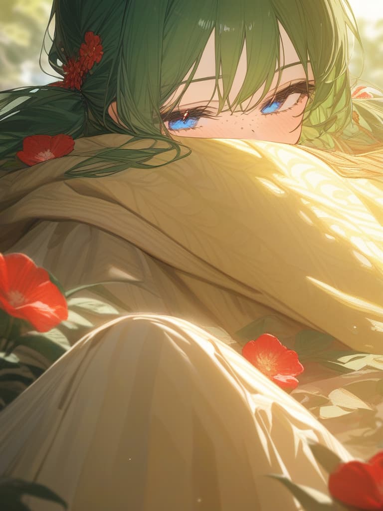  deep green hair, blue eyes, low twin tails, yellow green kimonos, red flowers, freckles, masterpiece, best quality,8k,ultra detailed,high resolution,an extremely delicate and beautiful,hyper detail