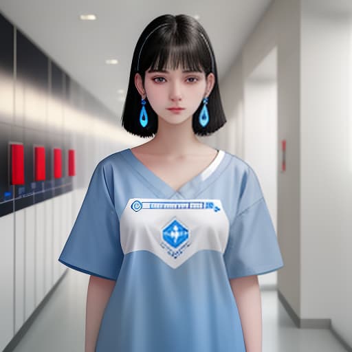  a pale faced girl with medium length black hair. her eyes are light gray in color. there are piercings in her ears. she is dressed in a white hospital gown, on which the "gemini" clinic logo is embroidered in blue letters on the left side. in her hands is a small long and thin tube with a red liquid