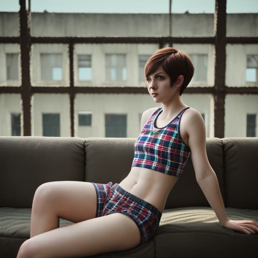  Color, Atmosphere dim, blurry back, girl short haired, in plaid boxers, lounging furniture, tank top, creepy building, bright heart logo