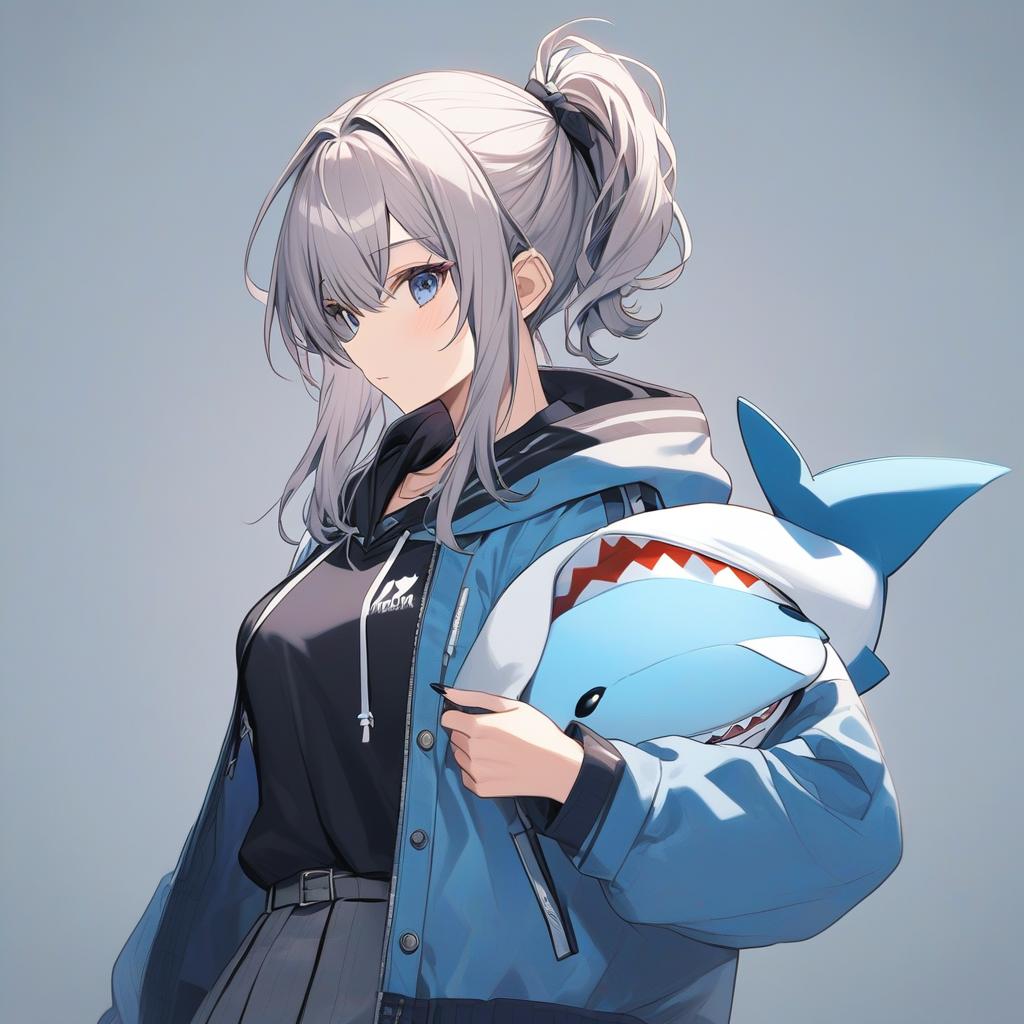  shark girl, with hammerhead plushie, light blue hoodie