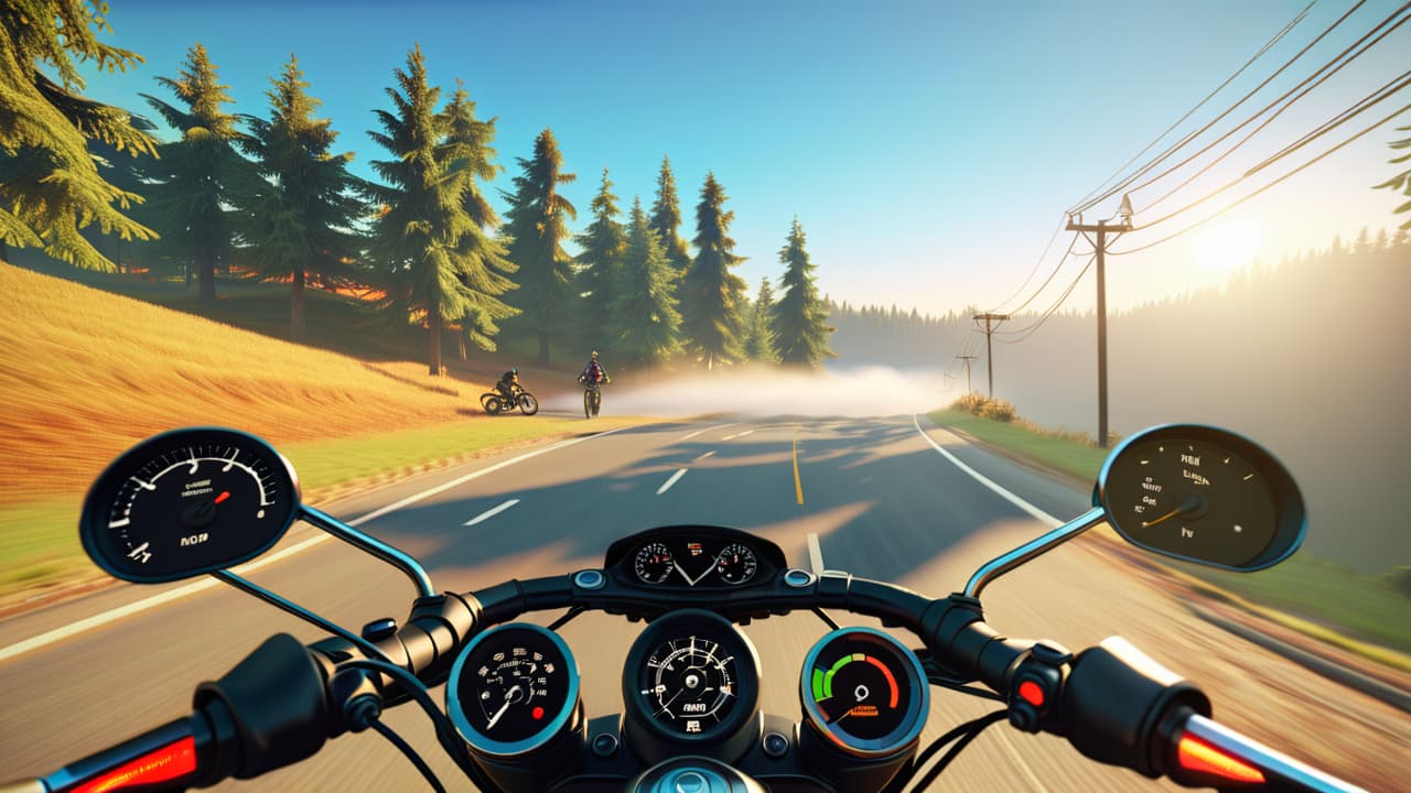  a split scene illustration showing a motorcycle dashboard with different riding mode indicators, alongside an urban landscape featuring cyclists navigating city streets, showcasing diverse riding styles and environments. hyperrealistic, full body, detailed clothing, highly detailed, cinematic lighting, stunningly beautiful, intricate, sharp focus, f/1. 8, 85mm, (centered image composition), (professionally color graded), ((bright soft diffused light)), volumetric fog, trending on instagram, trending on tumblr, HDR 4K, 8K