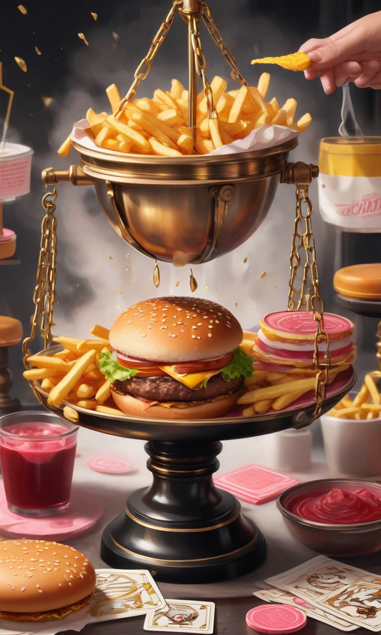  concept art tarot color pink, white, black, gold courtroom, weights, on one bowl of scales fries and juicy mcdonald's burger, on the other bowl of scales fries and burger . digital artwork, illustrative, painterly, matte painting, highly detailed, perfect hands