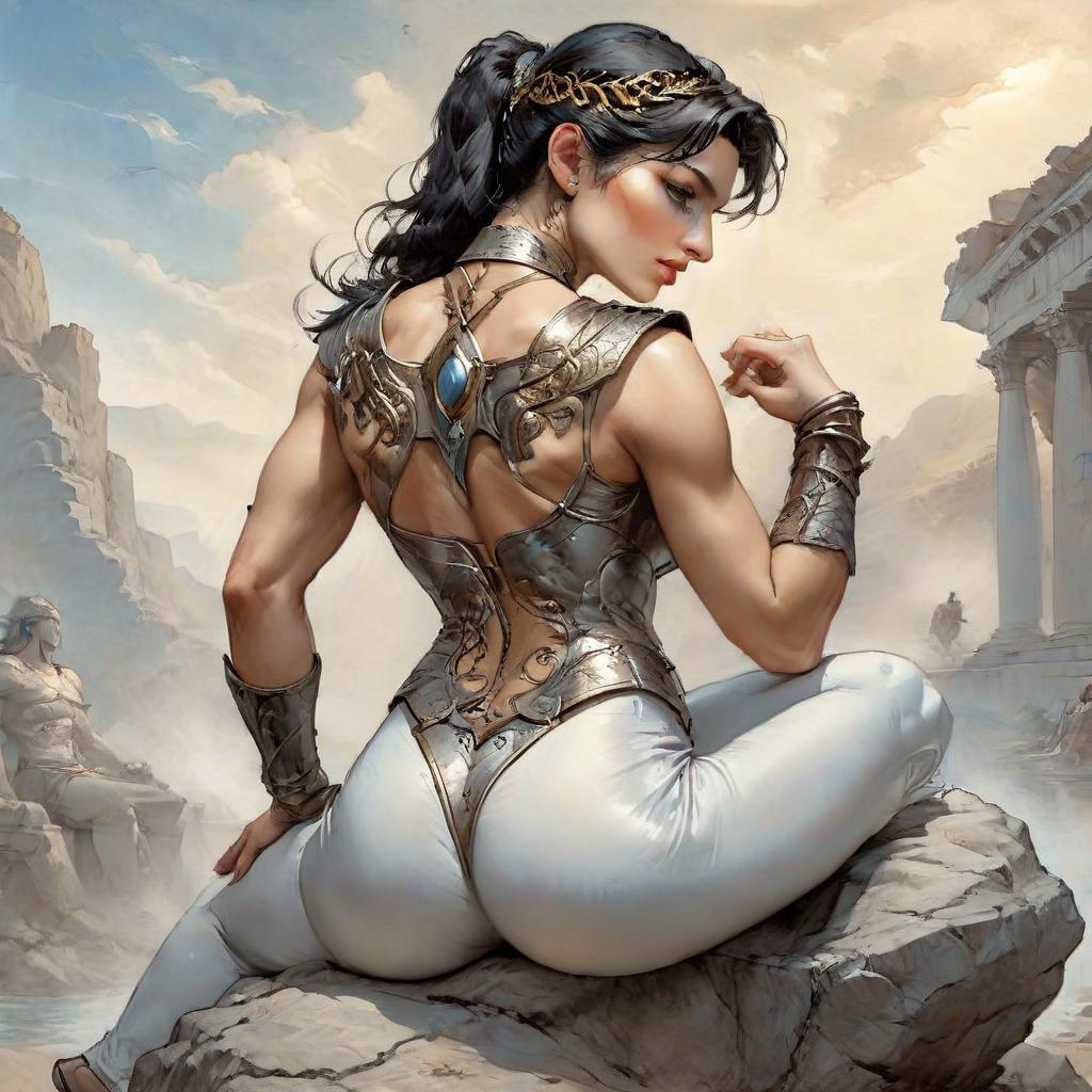  hyperrealistic art picture, professional, hyperrealistic drawing in the style of boris vallejo, julia bell, masterpiece, work of art; sitting on a stone ancient greek amazon in armor, muscular abdominal press, gracefully curved back, convex, elastic buttocks, muscular shins and calves.mysticism, fantasy, atmospheric, filigree, ideal detailing of the image, the highest quality, many details, fine drawing, attention to detail. professional drawing in the style of boris vallejo, julia bell, masterpiece, work of art . extremely high resolution details, photographic, realism pushed to extreme, fine texture, incredibly lifelike, on parchment, oil painting