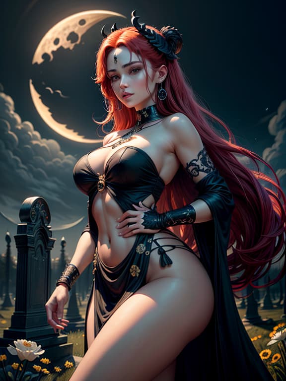  master piece, best quality, ultra detailed, highres, 4k.8k, beautiful woman, encountering a death god under a crescent moon, serene, break a beautiful woman with red hair encounters a death god under a crescent moon., open field, scythe, flowers, gravestones, break serene with a hint of mystery, moonlight casting eerie shadows,