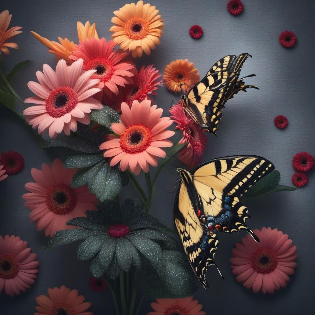  A beautiful swallowtail butterfly on a gerbera hyperrealistic, full body, detailed clothing, highly detailed, cinematic lighting, stunningly beautiful, intricate, sharp focus, f/1. 8, 85mm, (centered image composition), (professionally color graded), ((bright soft diffused light)), volumetric fog, trending on instagram, trending on tumblr, HDR 4K, 8K