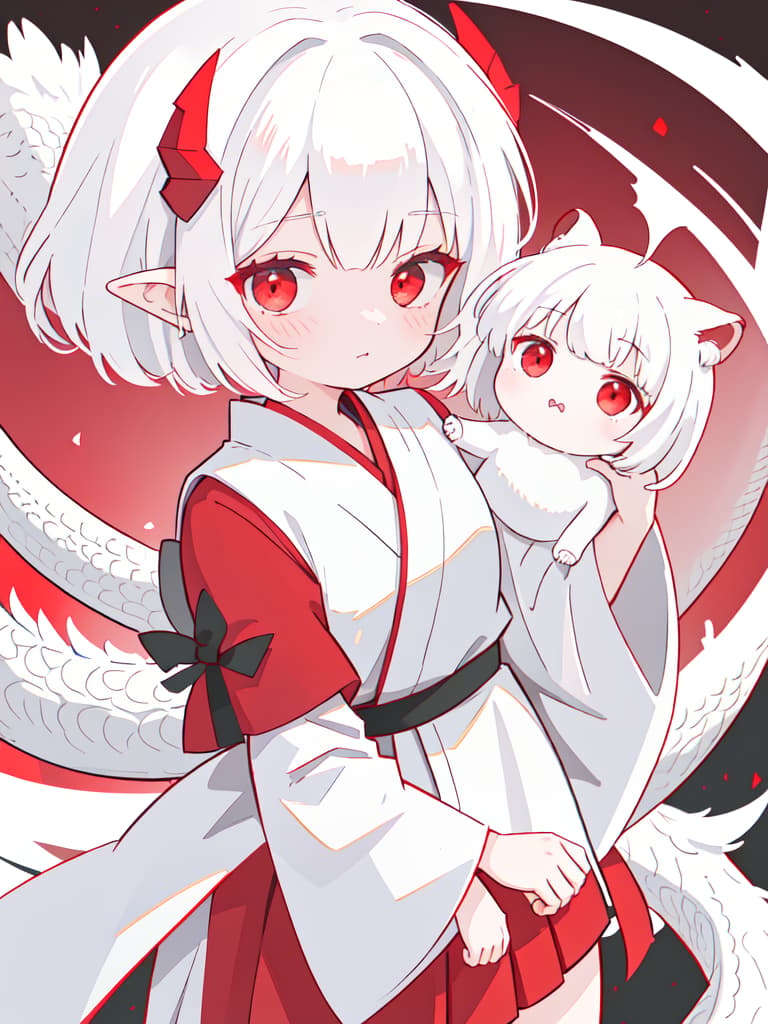  hugage, girls, sharp ears, hits, short hair, white hair, dragon's daughter, red and white hakama, red eyes, black horns, whole body, small dragon, masterpiece, best quality,8k,ultra detailed,high resolution,an extremely delicate and beautiful,hyper detail