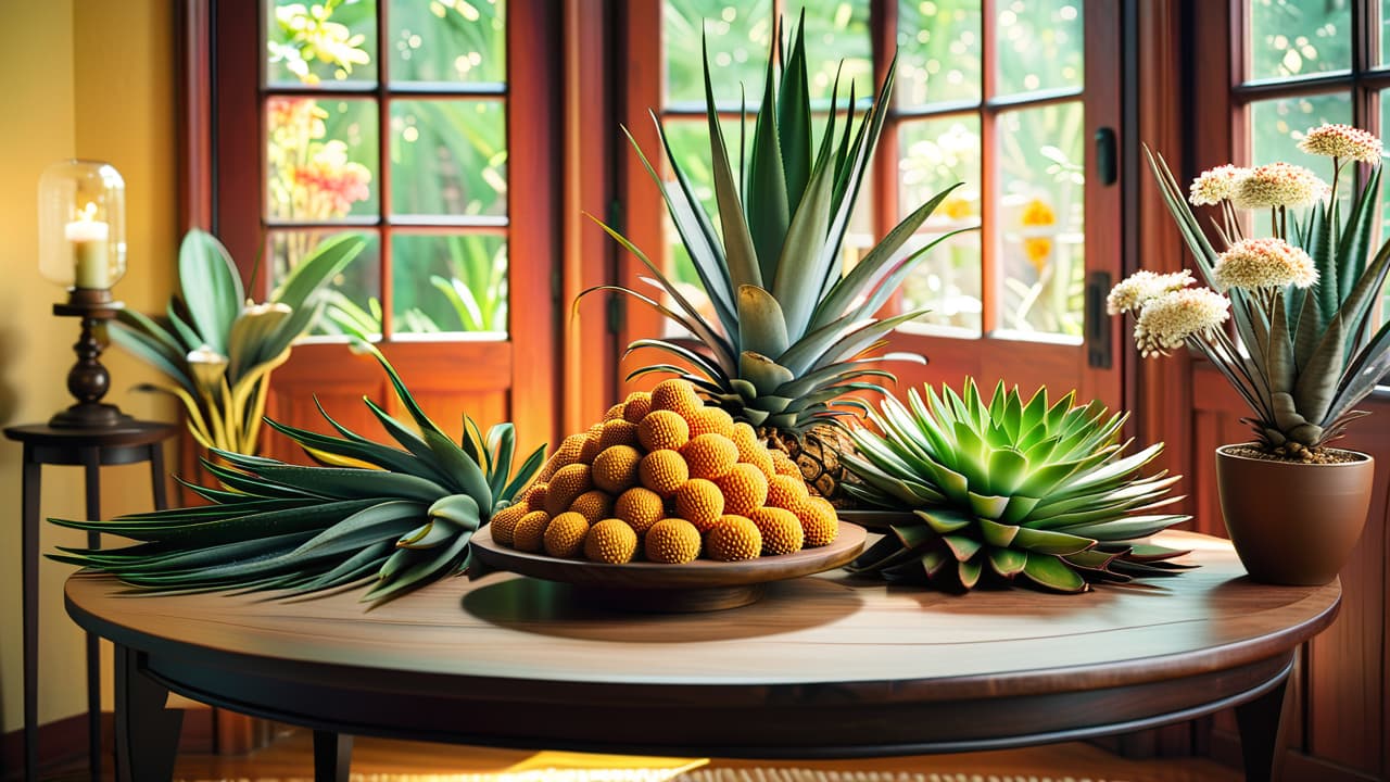  a serene setting featuring a wooden table adorned with vibrant green aloe vera plants, fresh coconuts, and honeycomb, surrounded by delicate flowers, sunlight filtering through leaves, emphasizing natural beauty and skincare ingredients. hyperrealistic, full body, detailed clothing, highly detailed, cinematic lighting, stunningly beautiful, intricate, sharp focus, f/1. 8, 85mm, (centered image composition), (professionally color graded), ((bright soft diffused light)), volumetric fog, trending on instagram, trending on tumblr, HDR 4K, 8K