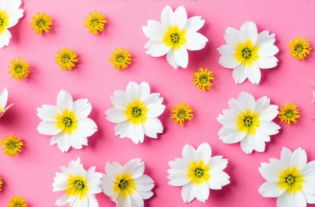  template white flowers with yellow stamens placed on a pink background. ar 3:2 {prompt}, maximum details