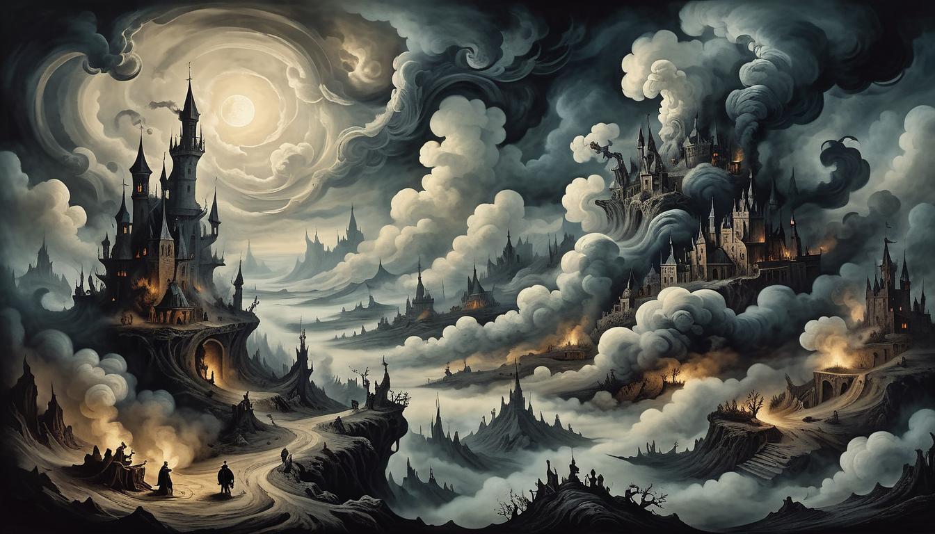  on parchment, surrealism+++, a chaotic landscape with swirling clouds, confusion depicted as a smoke filled, shadowy terrain, dark and foreboding, moody(mysterious, provocative, symbolic,muted color)+++