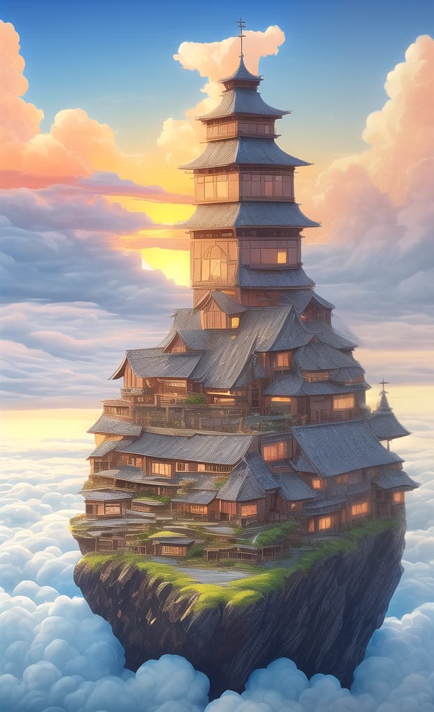  sunrise, sun on far, konohavillage, blue sky, clouds on sky, big sky, winds on clouds , cinematic, 8k, surreal, city, vilage on bottom, high quality, symmetrical balance, cinematic lighting, impressionism, focus point