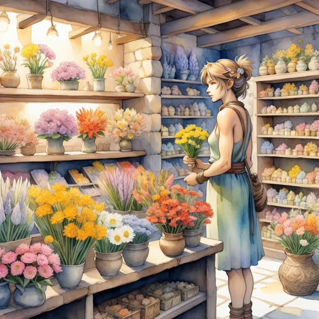  watercolour, fantasy illustration, soft colors, stone age flower shop, seller in skin clothes sells flower sculptures, against the background of shelves with different flower sculptures, traditional media, final fantasy, the warrior of light from final fantasy,