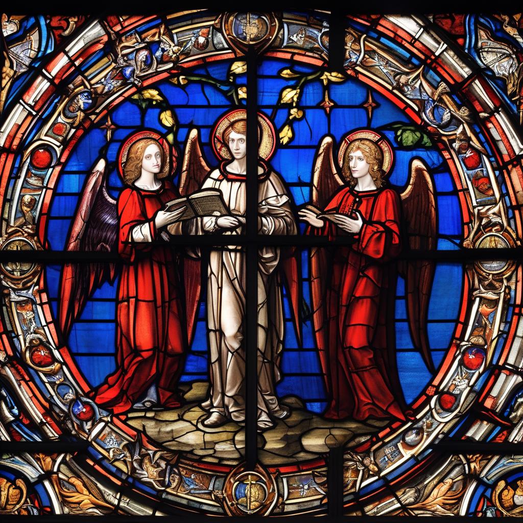  medieval stained glass depicting a vampire and two old testament angels