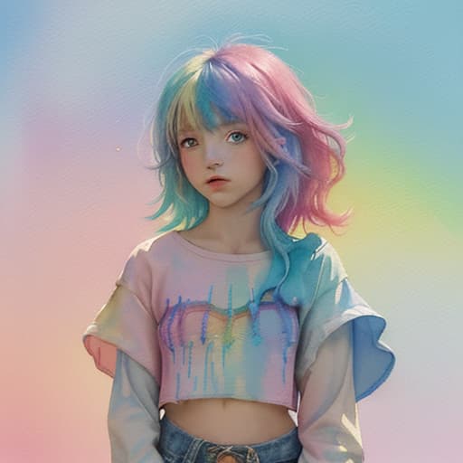  best quality,(masterpiece:1.3),ultra detailed,1girl,abstract watercolor painting of a little girl,(cowboy shot),scales,rainbow colors :1,colorful hair,blue and pink tone colors,abstract watercolor painting of cartoon clouds with emoji,rainbow colors,gradien