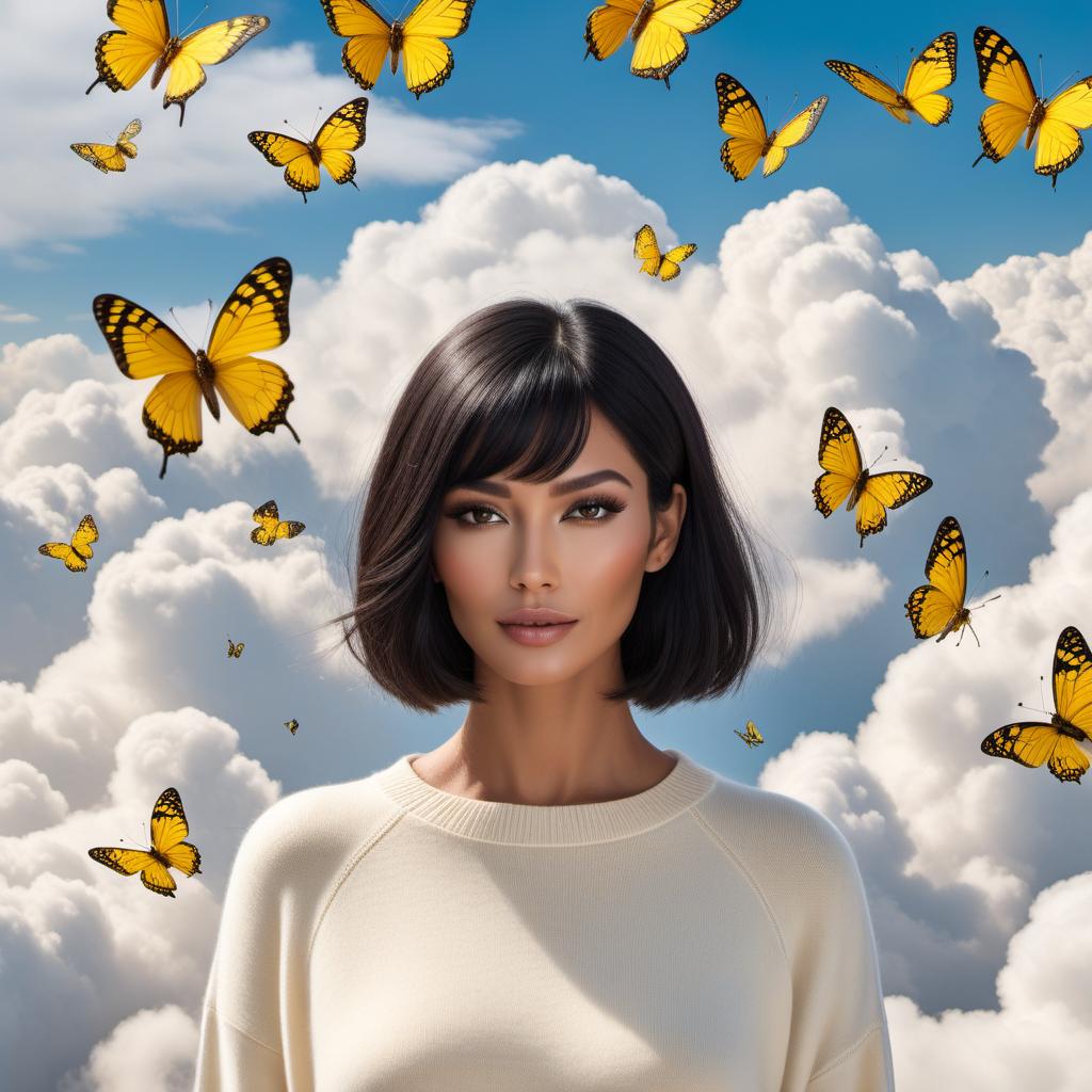  A modern Peruvian lady in heaven amongst clouds, wearing an off-white soft cashmere-like sweater and with a short bob haircut. Her hair is black with a white strip of hair in the front near the forehead centered. A lot of small, solid soft yellow butterflies with no black are flying past her. The scene should be dreamy and angelic. hyperrealistic, full body, detailed clothing, highly detailed, cinematic lighting, stunningly beautiful, intricate, sharp focus, f/1. 8, 85mm, (centered image composition), (professionally color graded), ((bright soft diffused light)), volumetric fog, trending on instagram, trending on tumblr, HDR 4K, 8K