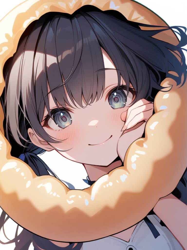  ultra detailed:1.2,masterpiece:1.2,best quality,masterpiece,bestquality,hdr:1.1,8k:1.1,very cute girl:1.3,(right hand up,holding middle size donut:1.4),(reaching right hand at viewer :1.4)((eye peeking through the middle size donut hole:1.8)),grin smile ,(close mouth:1.5),(tongue out:1.2),(frill sundress,ribbon strap:1.4),upper body:1.5,(face focus:1.4),(low twintail:1.5),(black hair:1.3),(white background color:1.4),ribbon choker:1.3,(head tilt:1.4),(looking at viewer:1.3)